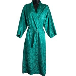 Vintage Intimate Affair Satin Robe Small Green Floral Jacquard Kimono Belted USA